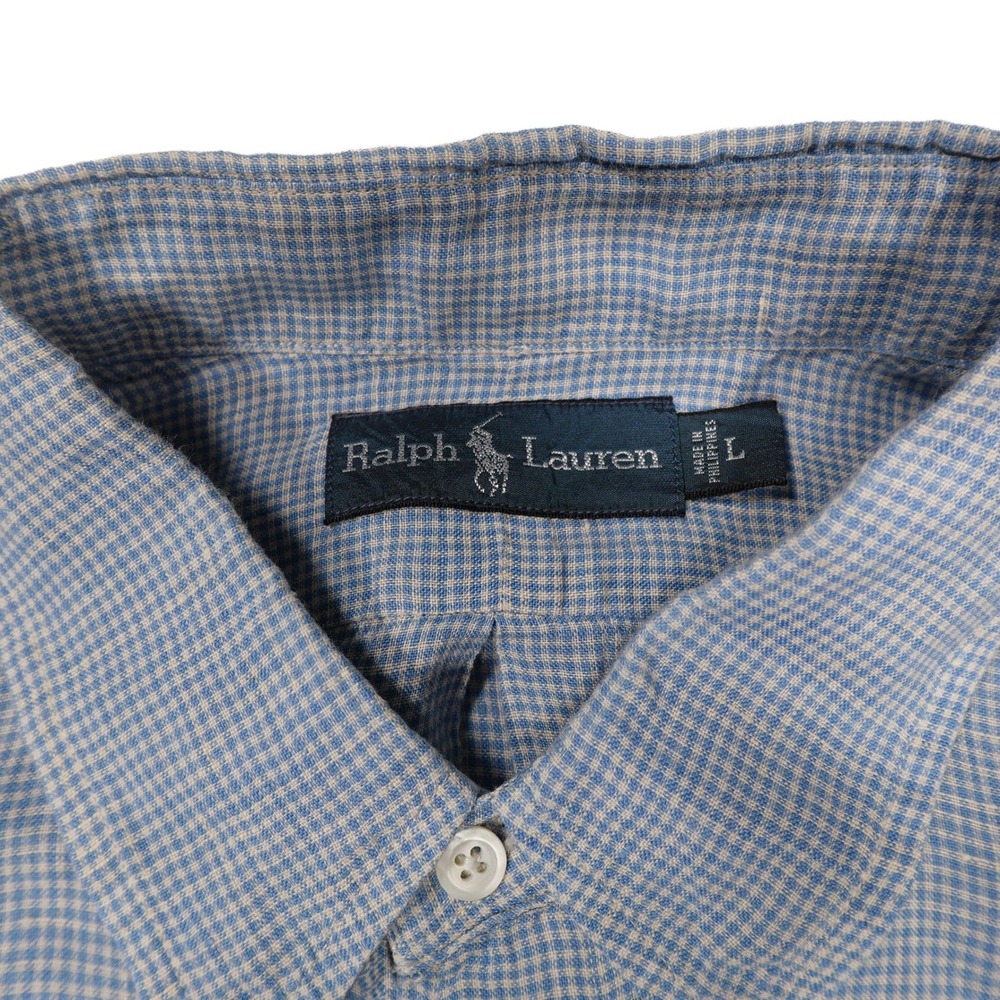 RALPH LAUREN Men's L Blue White Gingham 100% Linen Short Sleeve Button Up Shirt - Picture 3 of 8